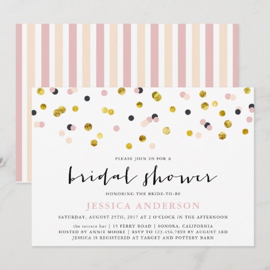 ゴールドとピンクのスパンコール ブライダルシャワー パーティー 招待状 (正面/裏面)