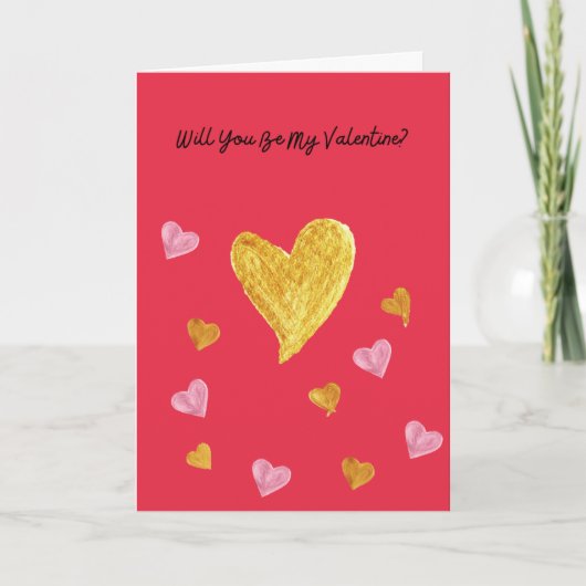 ゴールドとピンクのハートのバレンタインデーカード 赤 カード (正面)