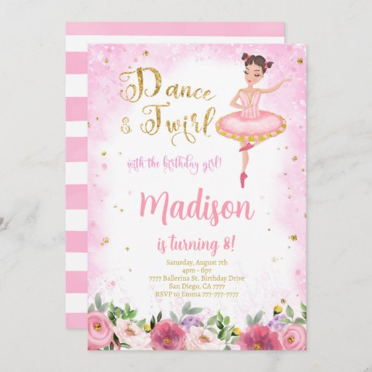 ゴールドとピンクのバレリーナ招待状 招待状 (正面/裏面)
