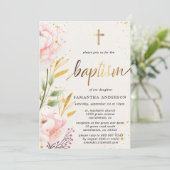 ゴールドとピンクの水彩ガールの洗礼 招待状 (スタンド正面)