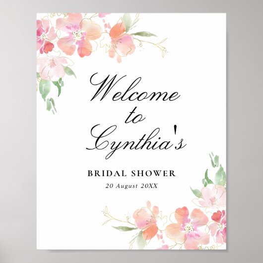 ゴールドとピンクの花のウェディングシャワー歓迎看板 ポスター (正面)