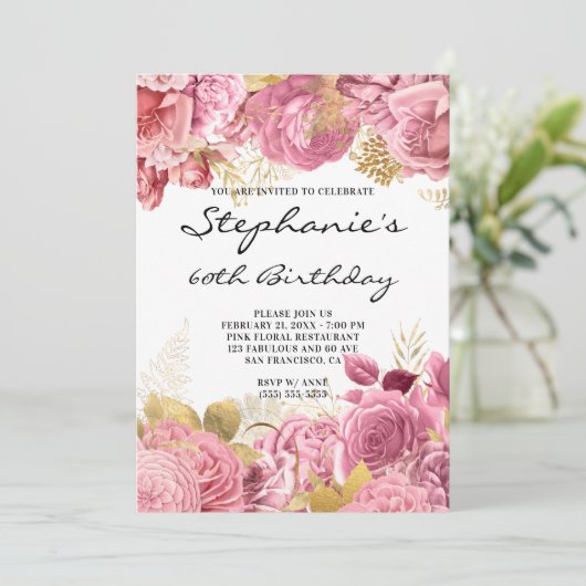 ゴールドとピンクの花のフレーム 60歳の誕生日 招待状 (スタンド正面)