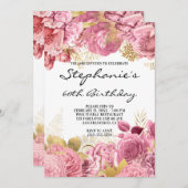 ゴールドとピンクの花のフレーム 60歳の誕生日 招待状 (正面/裏面)