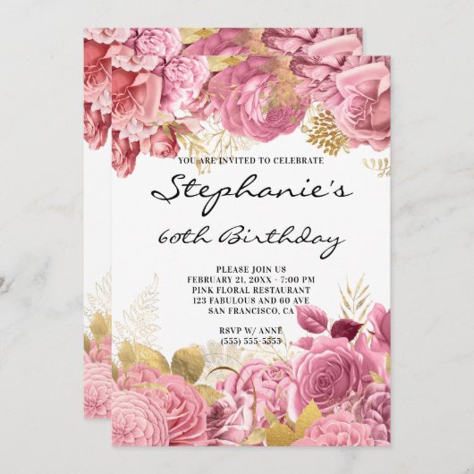 ゴールドとピンクの花のフレーム 60歳の誕生日 招待状 (正面/裏面)