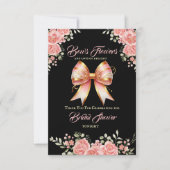 ゴールドとピンクの花のボウのブライダルシャワー サンキューカード (正面)