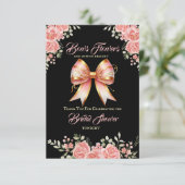 ゴールドとピンクの花のボウのブライダルシャワー サンキューカード (スタンド正面)