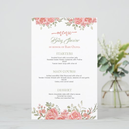 ゴールドとピンクの花の蝶リボン ベイビーシャワーメニュー (スタンド正面)