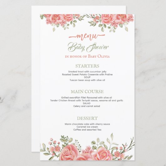 ゴールドとピンクの花の蝶リボン ベイビーシャワーメニュー (正面/裏面)