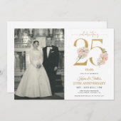 ゴールドとピンクの花の25周年記念 招待状 (正面/裏面)