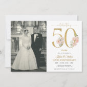 ゴールドとピンクの花の50周年記念 招待状 (正面)