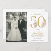 ゴールドとピンクの花の50周年記念 招待状 (正面/裏面)