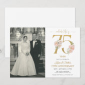 ゴールドとピンクの花模様 75周年記念 招待状 (正面/裏面)