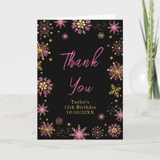 ゴールドとピンクの雪の結晶の誕生日パーティー サンキューカード (正面)