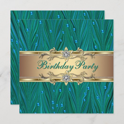 ゴールドとピーコック ティールブルーの誕生日パーティー 招待状 (正面/裏面)