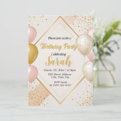 ゴールドとフラッシュの花のバースデー風船 招待状 (スタンド正面)