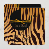 ゴールドとブラウンの馬車の少年ゼブラベイビーシャワー 招待状 (正面/裏面)