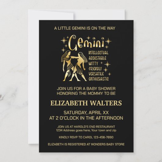 ゴールドとブラックのふたご座の赤ちゃんお披露目会 招待状 (正面)