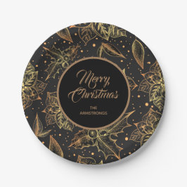 ゴールドとブラックのクリスマスフラワー ペーパープレート
