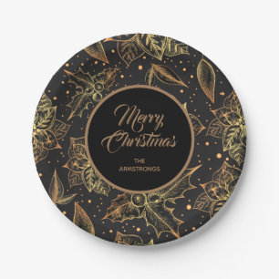 ゴールドとブラックのクリスマスフラワー ペーパープレート