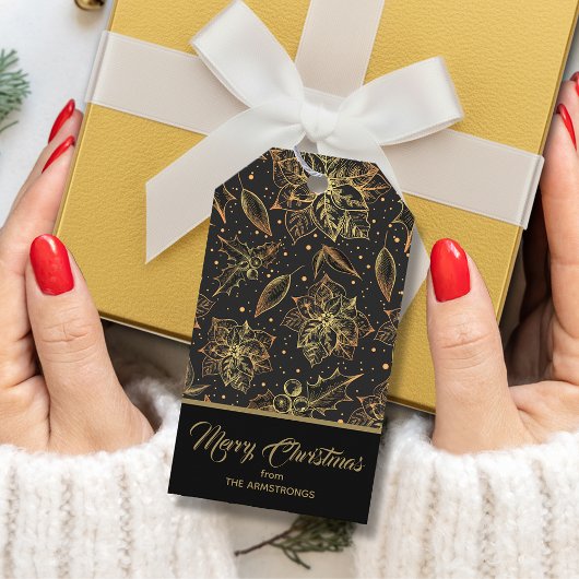 ゴールドとブラックのクリスマス フラワーデザイン ギフトタグ
