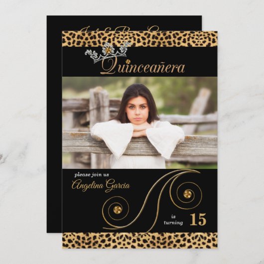 ゴールドとブラックのチーター柄のキンセアニエラ・パーティー 招待状 (正面/裏面)