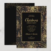 ゴールドとブラックのフラワークリスマスパーティー 招待状 (正面/裏面)