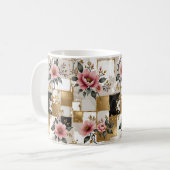 ゴールドとブラックの四角にピンクと白の花 コーヒーマグカップ (正面左)