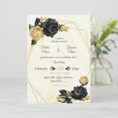 ゴールドとブラックの花をモチーフにした幾何学的な botanical ウェディング 招待状 (スタンド正面)