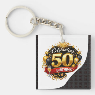 ゴールドとブラックの華やかな50歳の誕生日お祝い キーホルダー