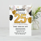 ゴールドとブラックの風船とコンフェッティ 25歳の誕生日 招待状 (スタンド正面)