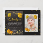 ゴールドとブラックの1歳誕生日写真感謝カード 招待状 (正面)