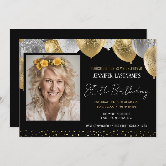ゴールドとブラックの85歳誕生日写真招待状 招待状 (正面/裏面)
