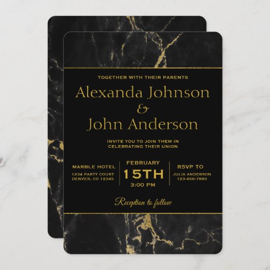 ゴールドとブラック大理石の結婚式招待状 招待状 (正面/裏面)