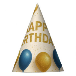 ゴールドとブルーのきらめく風船の誕生日 パーティーハット