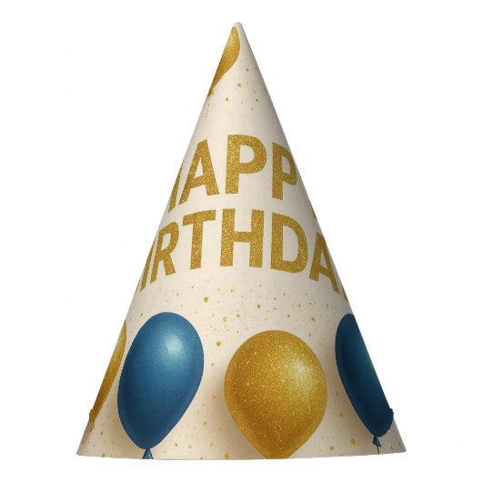 ゴールドとブルーのきらめく風船の誕生日 パーティーハット (正面)