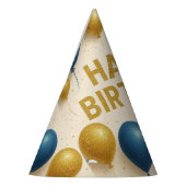 ゴールドとブルーのきらめく風船の誕生日 パーティーハット (左)