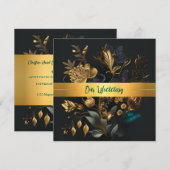 ゴールドとブルーのガーデンウェディング招待状 招待状 (正面/裏面)