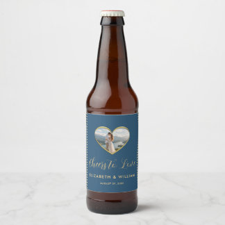 ゴールドとブルーのドット模様のオーダーメイド結婚式 ビールラベル
