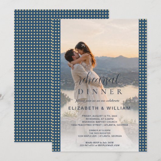ゴールドとブルーのドット模様の結婚式 オーダーメイド 招待状 (正面/裏面)
