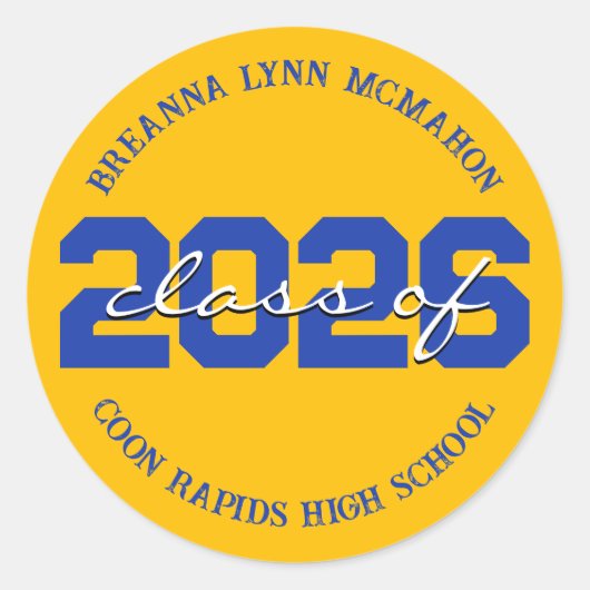 ゴールドとブルーのパーソナライズされた卒業ステッカー ラウンドシール (正面)