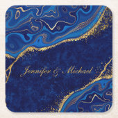 ゴールドとブルーのモダンな結婚式 エレガントなカスタムネーム スクエアペーパーコースター (正面)