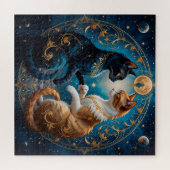 ゴールドとブルーの宇宙芸術に描かれた天体の猫 ジグソーパズル (横)