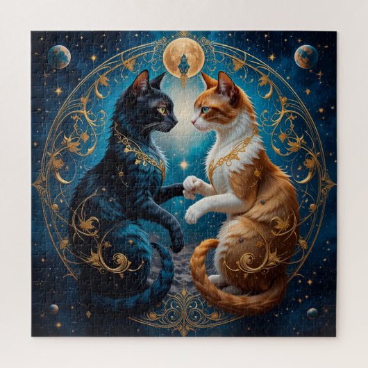 ゴールドとブルーの宇宙芸術に描かれた天体の猫 ジグソーパズル (縦)