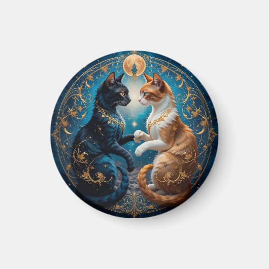 ゴールドとブルーの宇宙芸術に描かれた天体の猫 マグネット (正面)