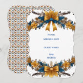 ゴールドとブルーの花のエレガントな結婚式招待状のデザイン 招待状 (正面/裏面)