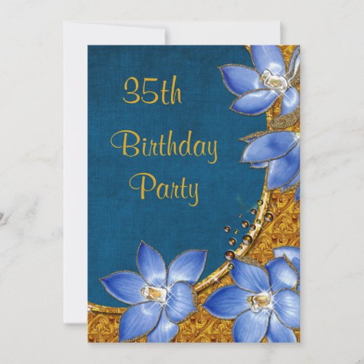 ゴールドとブルーの花 35歳の誕生日 招待状 (正面)