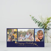 ゴールドとブルーのHappy Holidays 3枚写真コラージュ シーズンカード (スタンド正面)