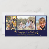 ゴールドとブルーのHappy Holidays 3枚写真コラージュ シーズンカード (正面)