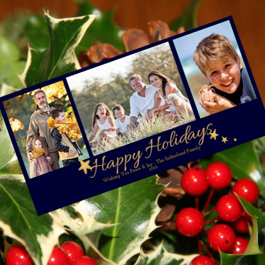 ゴールドとブルーのHappy Holidays 3枚写真コラージュ シーズンカード