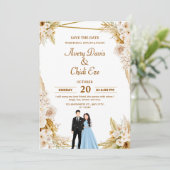ゴールドとベージュのフラワーモチーフの結婚式招待状 招待状 (スタンド正面)